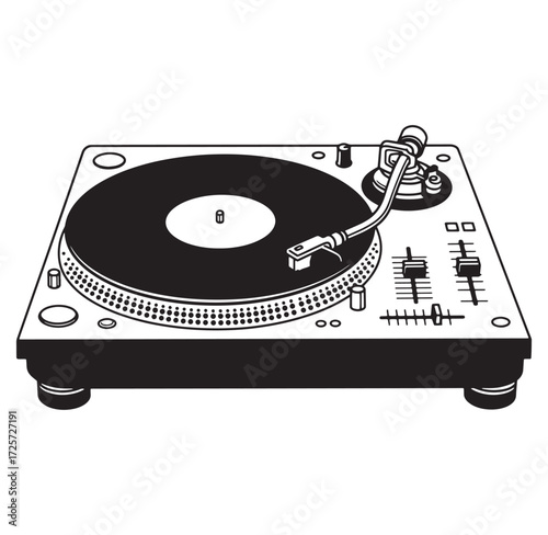Black and white graphic illustration of a vintage turntable for music and audio production