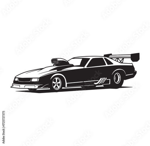 Black and white illustration of a powerful drag racing car with aggressive design