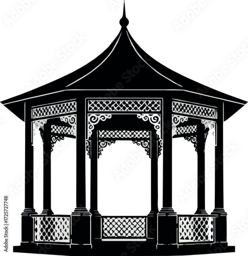 Gazebo silhouette black vector white background.