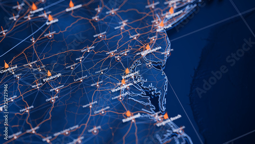 Baltimore map big data visualization. Futuristic map infographic of city in USA. Visual map data complexity in modern blue and orange colors