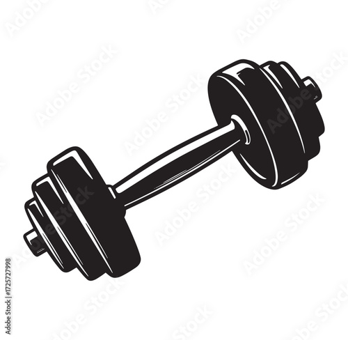 Black and white vector illustration of a classic dumbbell isolated on white background