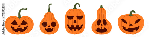 Collection of carved Halloween pumpkins with different spooky faces, including funny, scary, creepy jack-o’-lantern designs for autumn celebrations. Flat vector set. Hand drawn. Isolated background.
