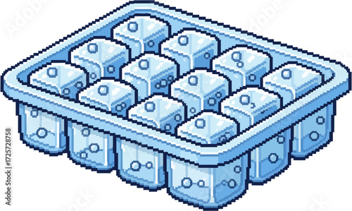 A light blue ice cube tray filled with twelve clear ice cubes, some containing air bubbles.