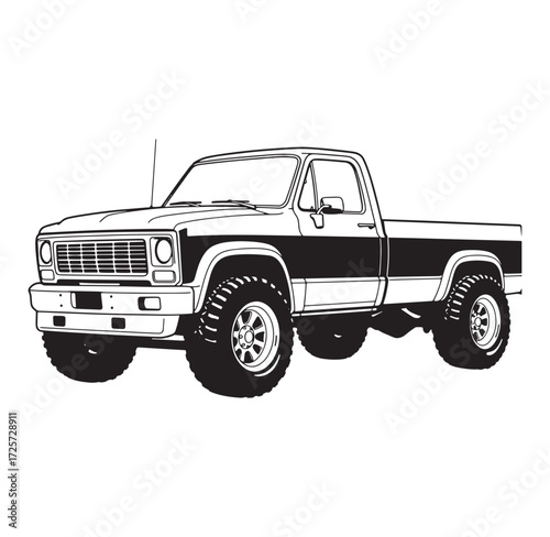 Classic black and white vector illustration of a powerful off road pickup truck