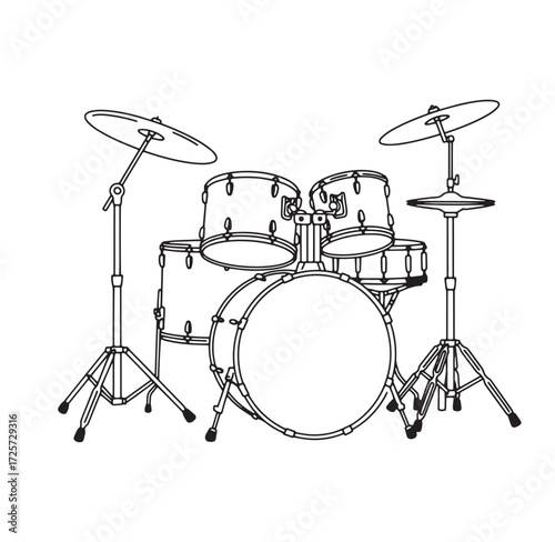 Detailed vector illustration of a drum kit outlined in a clean black and white style