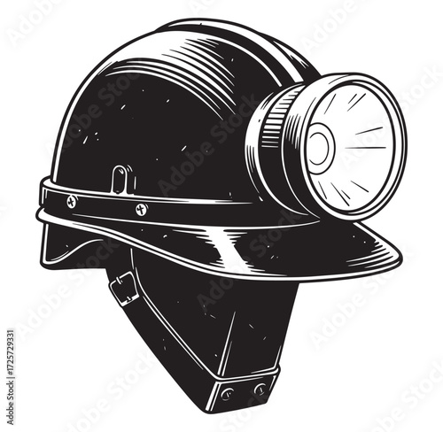 Detailed illustration of a vintage miner's helmet with an integrated headlamp in black and white