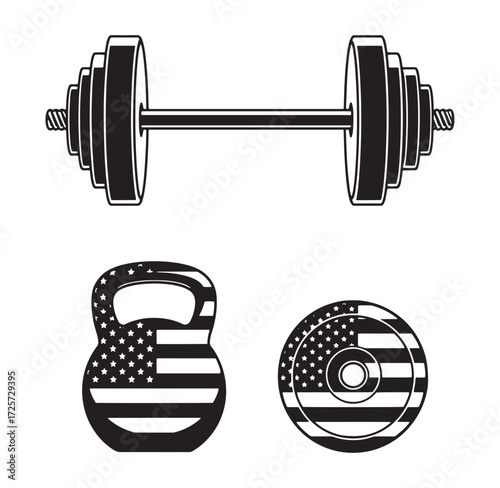 Fitness themed vector illustration featuring a barbell and kettlebell with american flag design elements