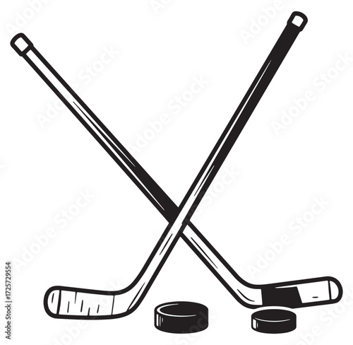 Hockey equipment illustration featuring two crossed hockey sticks and pucks in black and white
