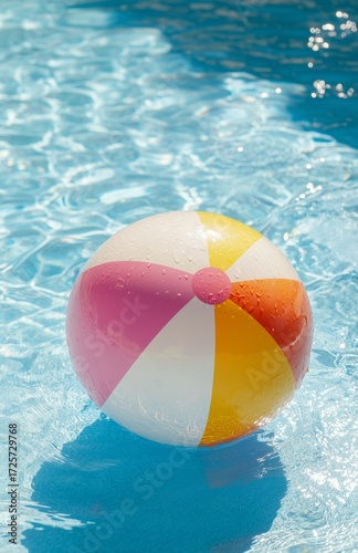Bright Beach Ball Floats in Clear Blue Swimming Pool on a Sunny Day.