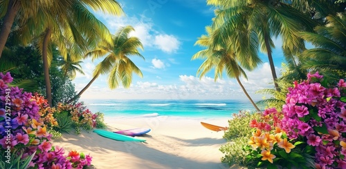 Beach Scene With Vibrant Flowers and Surfboards on Sandy Shore Under a Clear ...