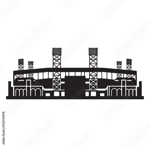 Silhouette of a modern sports stadium with floodlights and detailed architectural design
