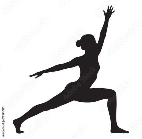 Silhouette of a woman practicing yoga in warrior two pose on white background