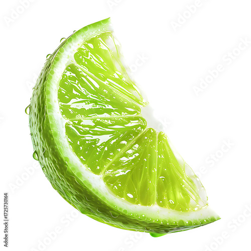 Juicy vibrant lime wedge glistening with fresh water droplets, bursting with zest and natural citrus refreshment, perfect for culinary and beverage conceptsIsolated  to Transparent  Background