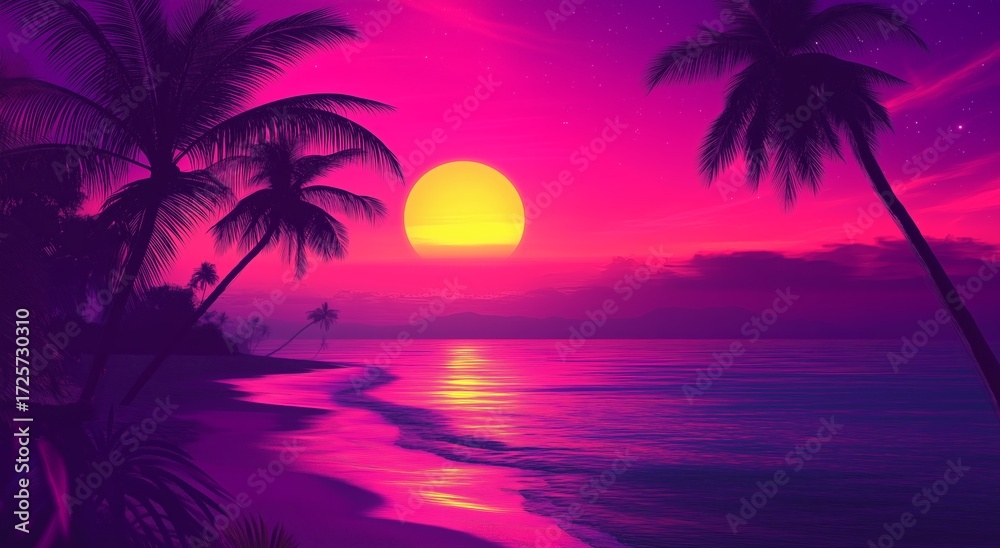 Obraz premium Beautiful Sunset Over a Tropical Beach With Palm Trees and Vibrant Colors