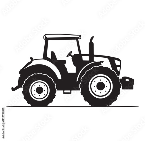 Simple black and white illustration of a farm tractor with detailed tires and design