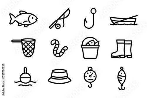Fishing icon set: minimalist line art for outdoor activities and recreation