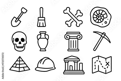 Archaeological icons set: tools and symbols of ancient discovery in linear style