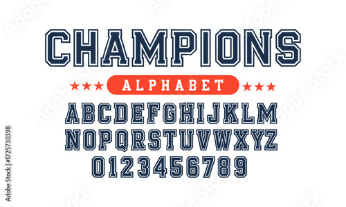 CHAMPIONS Varsity Alphabet Vector Pack Bold Varsity Sports Block Letters A–Z, 0-9. Vintage sports font in American style for football, baseball, basketball logos, and t-shirts; easily editable.