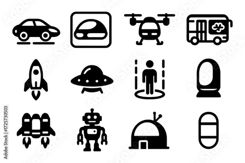 Futuristic icons collection: transport, technology, and innovation symbols