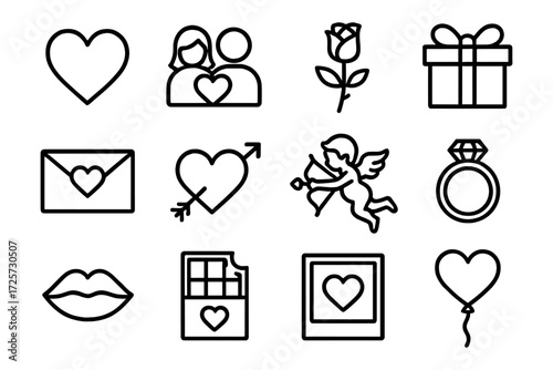 Romantic line art icons: heart, couple, gift, rose, cupid, love letter, ring