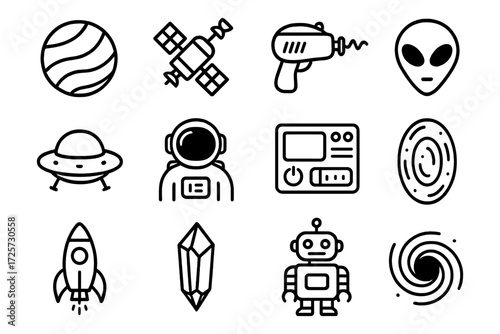 Space exploration icons: alien, astronaut, and technology in simple black outline