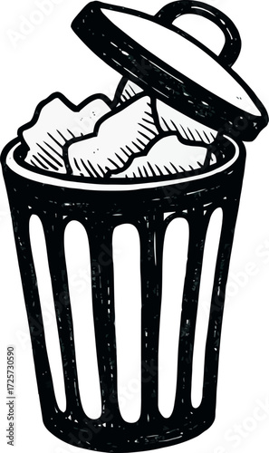 Hand drawn sketch trash can full of crumpled paper vector Hand drawn