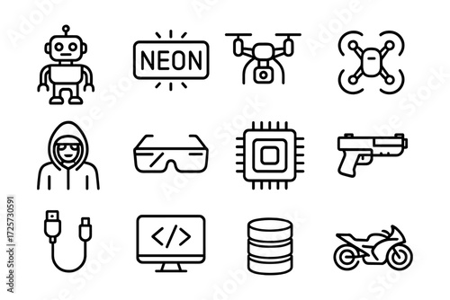 Linear technology icons: robotics, neon, drones, coding, and more for modern design