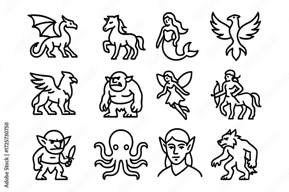 Fototapeta premium Mythical creatures outline collection featuring dragons, mermaids, and centaurs in a simple black linear style