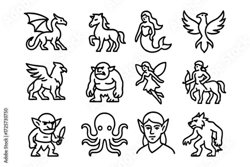 Mythical creatures outline collection featuring dragons, mermaids, and centaurs in a simple black linear style