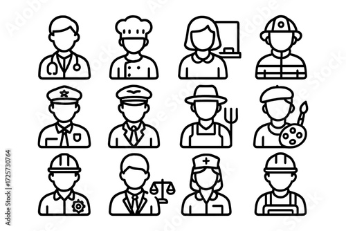 Linear style icon set of diverse professions: doctor, chef, teacher, firefighter, police, pilot, farmer, artist
