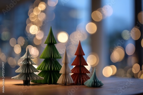 Festive Paper Trees on Display in a Cozy Room With Holiday Lights in the Back...