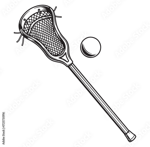 Vector illustration of a lacrosse stick and ball in a monochrome detailed style