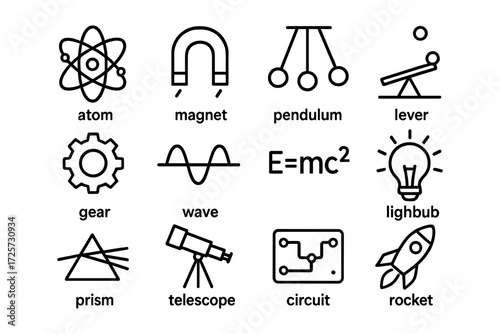 Science and physics icons set featuring atomic symbols and mathematical equations