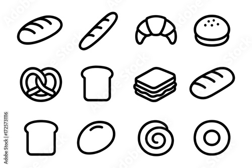 Set of 12 linear bread icons featuring bagel, croissant, and pretzel in simple outline style