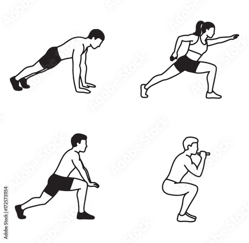 Vector illustration of fitness exercises demonstrating a pushup, lunge, squat and stretch.
