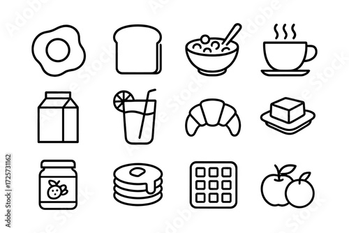 Breakfast icons: essential morning foods in simple black line art style
