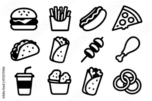 Icon set of popular fast food items in bold linear black and white design