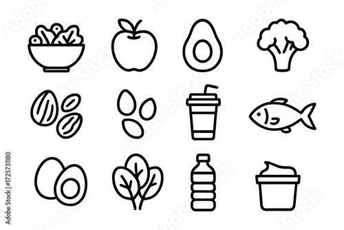 Healthy foods icon set featuring fruits, vegetables, and drinks in minimal style