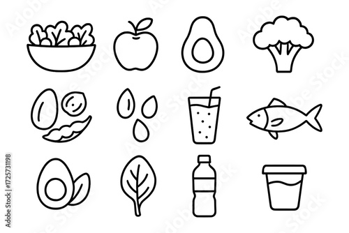 Simple line icons of healthy foods and drinks for a balanced diet