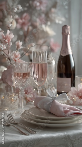 Elegant Table Setting With Champagne and Floral Decorations for a Special Cel...