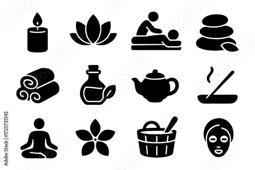 Relaxing spa icons set: wellness, meditation, aromatherapy, massage, yoga elements