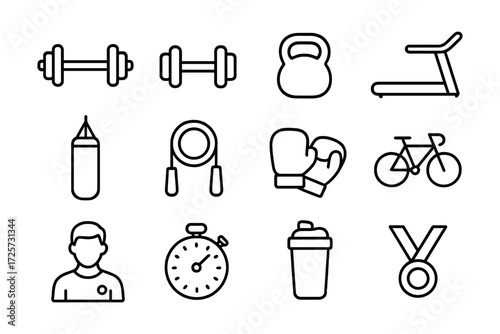 Minimalist fitness and gym equipment line icons for health enthusiasts