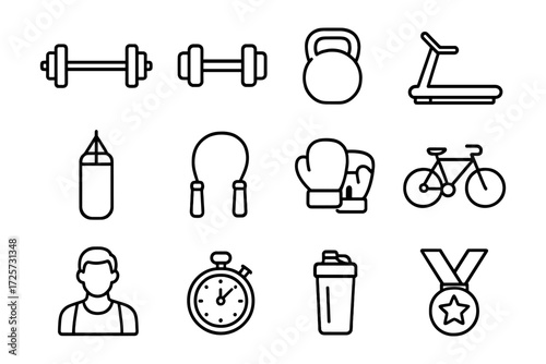 Minimalist fitness icon set featuring gym equipment and wellness symbols