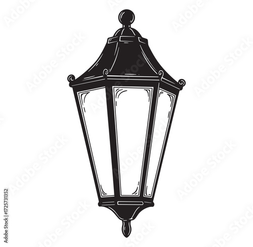 Vintage black and white engraved illustration of an elegant street lantern design