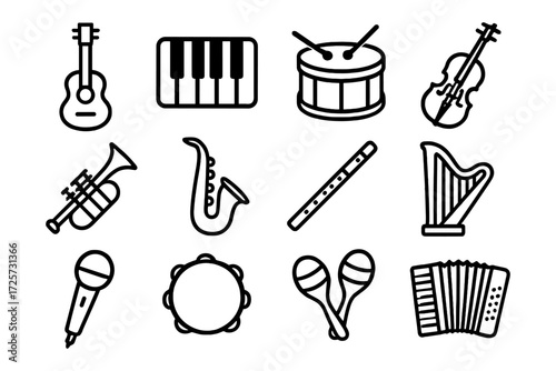 Icon set of musical instruments in bold line style