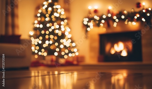 Warm Holiday Setting With a Glowing Fireplace and Decorated Christmas Tree Du...