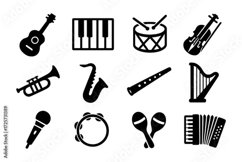 Musical instruments icons set featuring diverse instruments in bold silhouette style