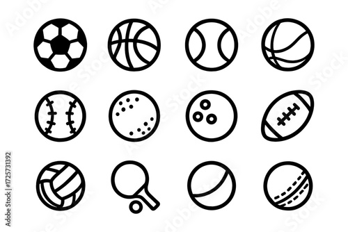 Collection of linear sports ball icons in black and white line art style