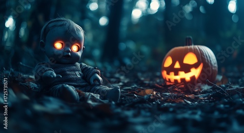 Creepy Doll and Carved Pumpkin in a Dark Forest During Halloween Night.