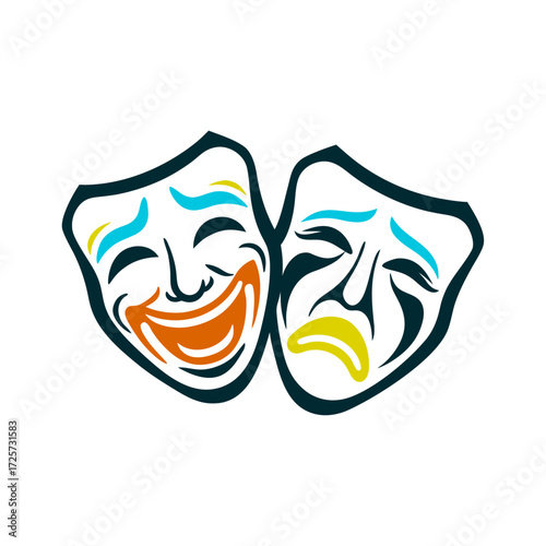 Comedy and Tragedy Masks, Theatrical Symbol Theater Masks Pair of comedy tragedy masks with exaggerated expressions in stark white